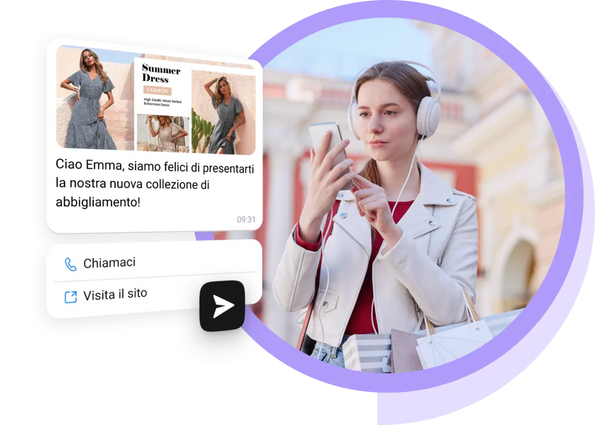 Ragazza con cuffie bianche che legge messaggi WhatsApp ricevuti dal commercio elettronico