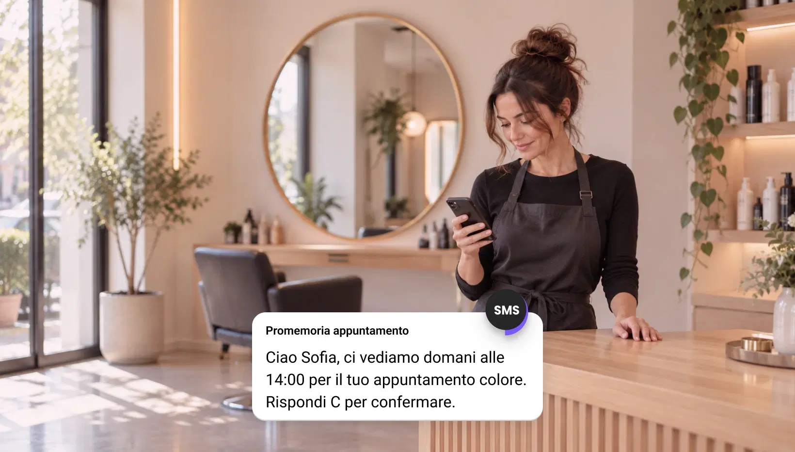 Titolare di un salone che legge sul telefono un promemoria di appuntamento via SMS