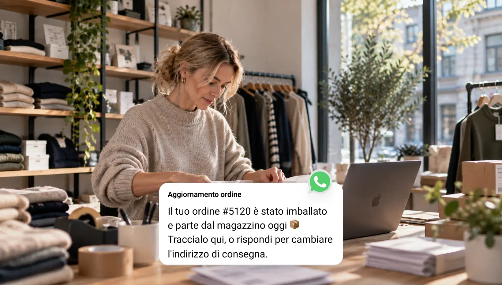 Cliente online che apre sul telefono un messaggio di una campagna WhatsApp