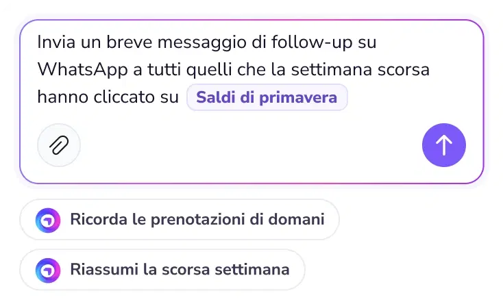 Casella di prompt che chiede a TopAgent un follow-up su WhatsApp
