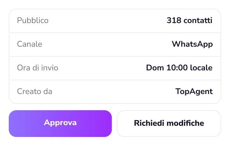 Riepilogo della campagna con i pulsanti “Approva” e “Richiedi modifiche”