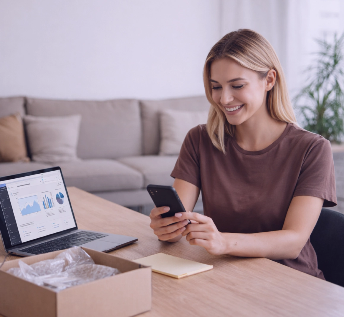 Persona che tiene in mano uno smartphone e sorride, rappresentando un cliente che completa un processo di pagamento tramite un link SMS di TopMessage.