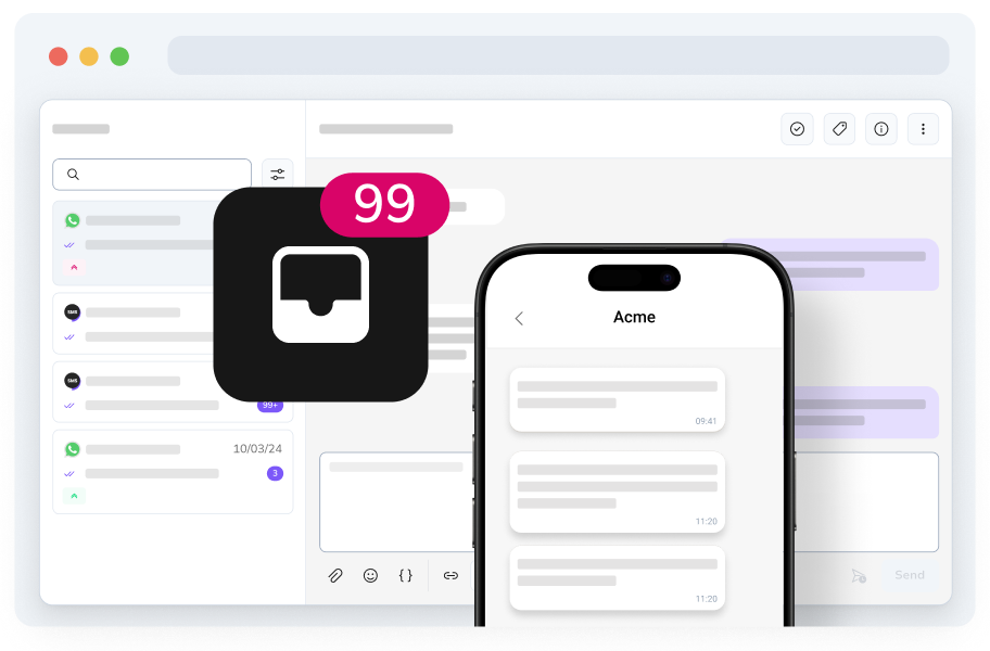 Interfaccia della piattaforma di messaggistica con smartphone e badge di notifica che mostra 99 messaggi, a rappresentare un volume elevato di messaggi.