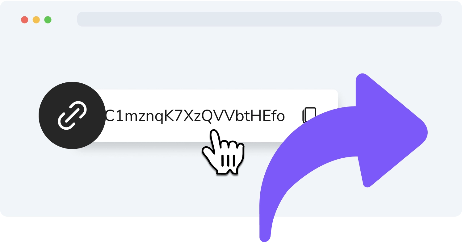 Icona del programma di affiliazione con un cursore a forma di mano che clicca su un link e una freccia viola, che simboleggia la condivisione del link.
