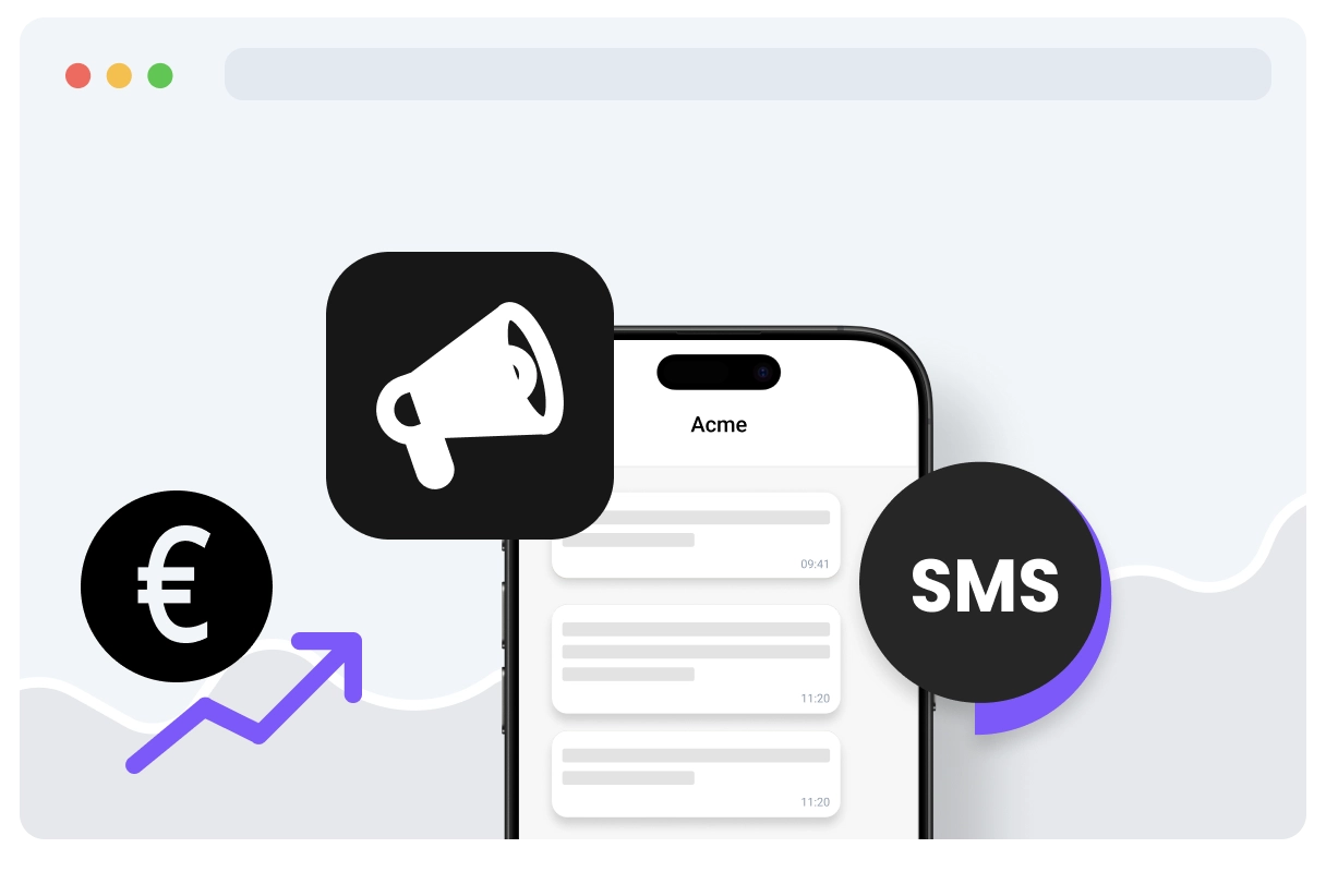 Smartphone con icone SMS e megafono, insieme al simbolo dell'euro e alla freccia rivolta verso l'alto, a rappresentare il marketing via SMS e la crescita del fatturato.