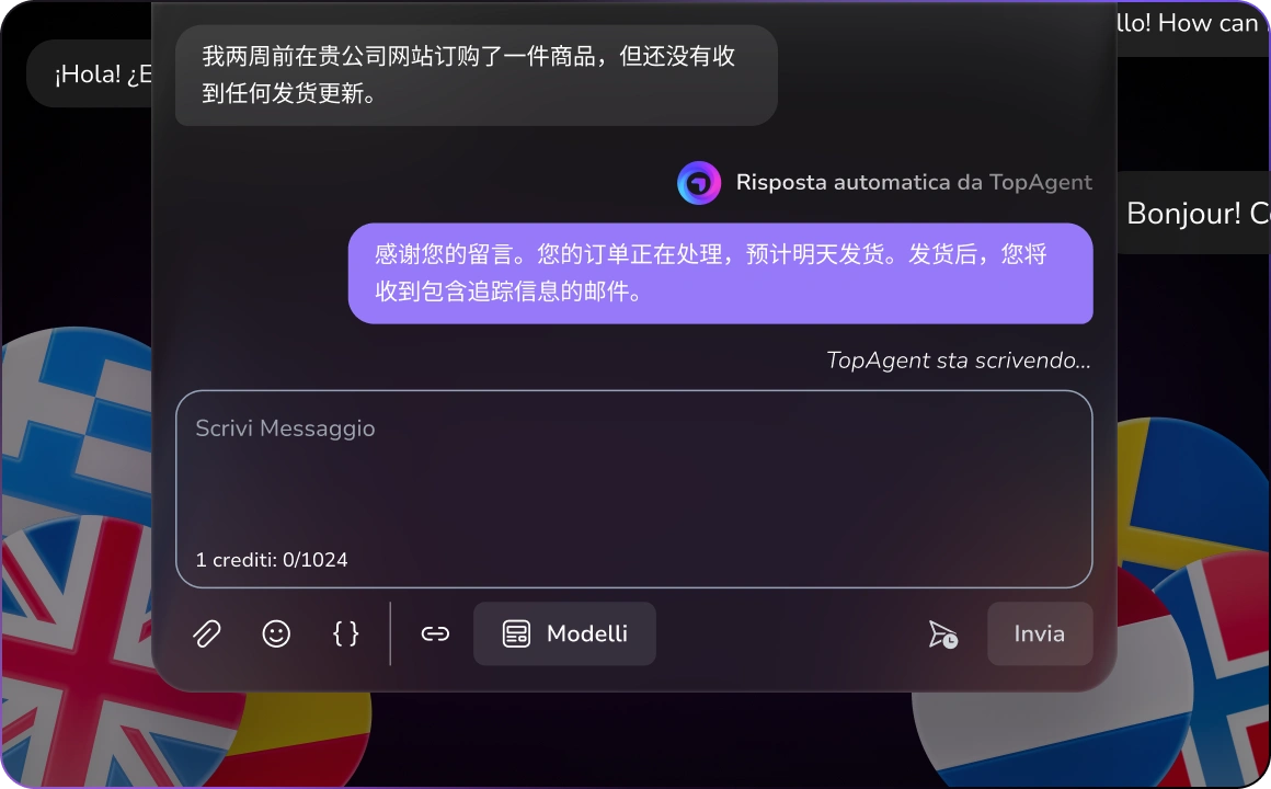 Immagine che mostra il supporto clienti multilingue guidato dall'IA, in grado di comprendere e rispondere.