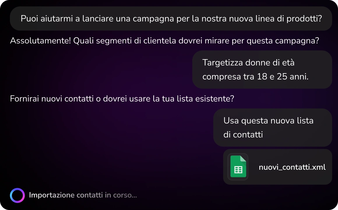 Schermata dell'interfaccia TopAgent di TopMessage che richiede all'utente di fornire informazioni per creare automaticamente campagne, inclusi campi per obiettivi della campagna, pubblico e preferenze sui messaggi