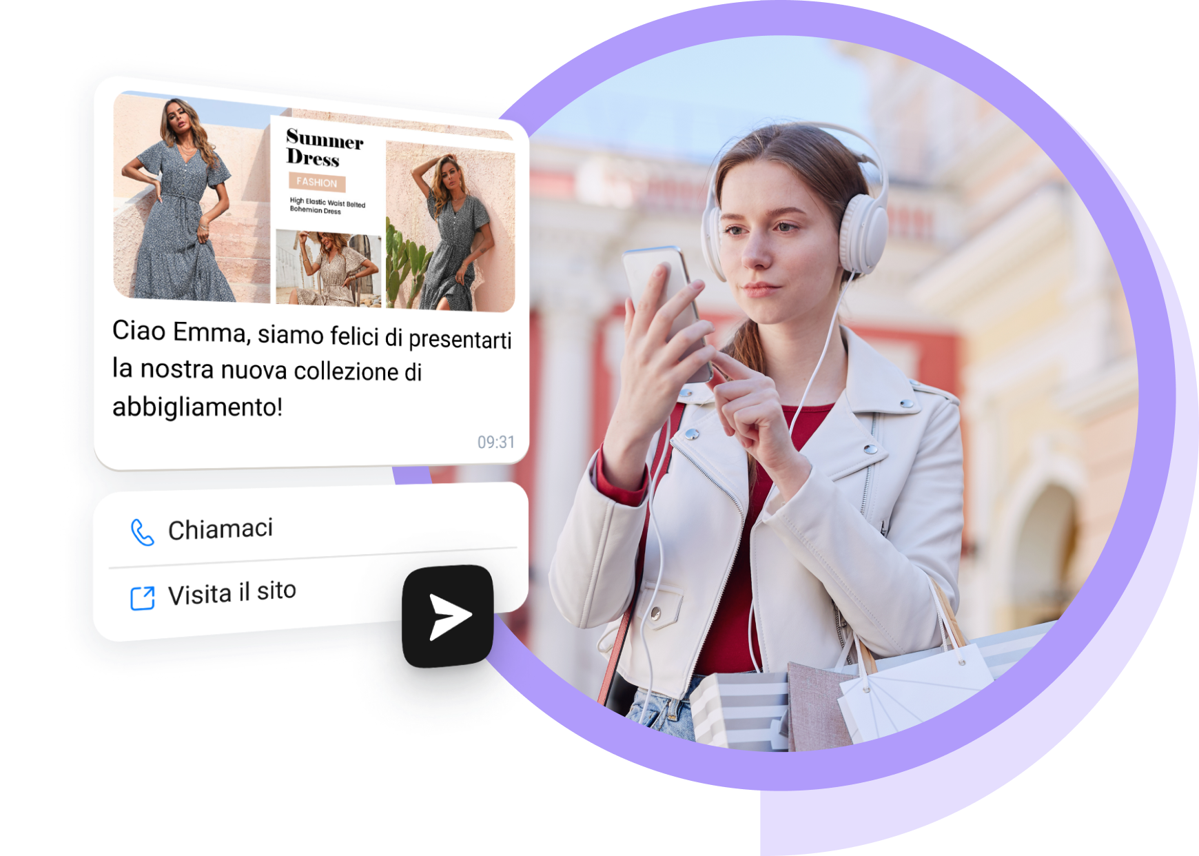 Ragazza con cuffie bianche che legge messaggi WhatsApp ricevuti dal commercio elettronico