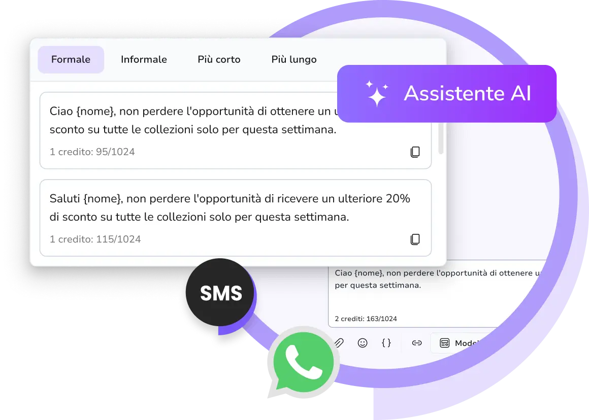 Screenshot dell'Assistente AI di TopMessage che genera suggerimenti di risposta intelligenti e migliora la messaggistica dei clienti tramite SMS e WhatsApp nella posta in arrivo unificata.