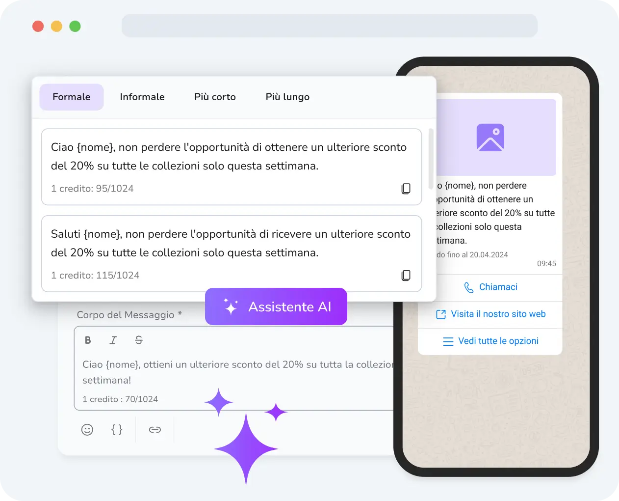 Schermata del telefono che mostra l'AI di TopMessage che genera suggerimenti di risposta intelligenti per i messaggi dei clienti in arrivo su WhatsApp, con un solo tocco per l'invio.