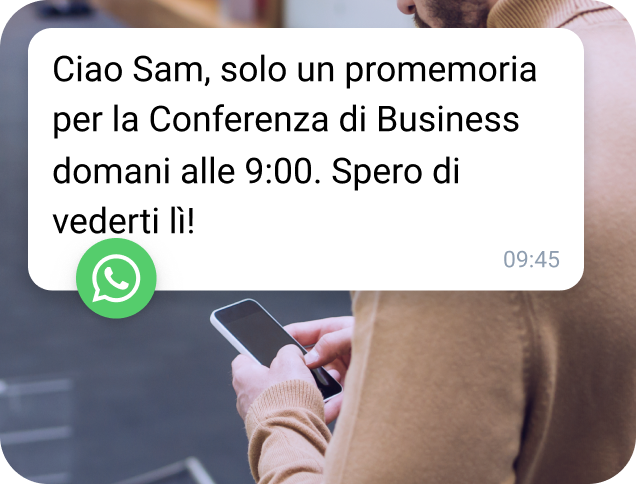 Modello WhatsApp di TopMessage utilizzato per inviare un promemoria personalizzato su una conferenza imminente.