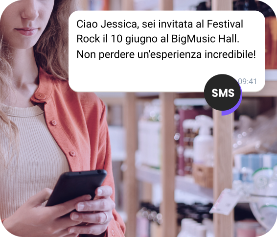 Modello di SMS di TopMessage che conferma l'acquisto di un biglietto da parte di un cliente per un evento o un centro.