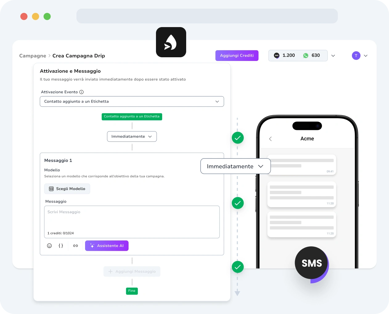 Schermata dell'interfaccia delle campagne drip per SMS di TopMessage.