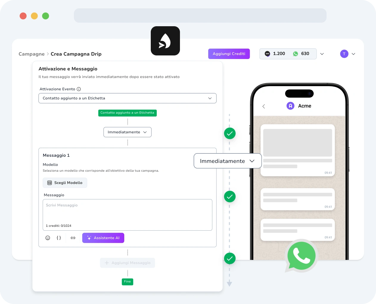 Schermata dell'interfaccia delle campagne drip per WhatsApp di TopMessage.