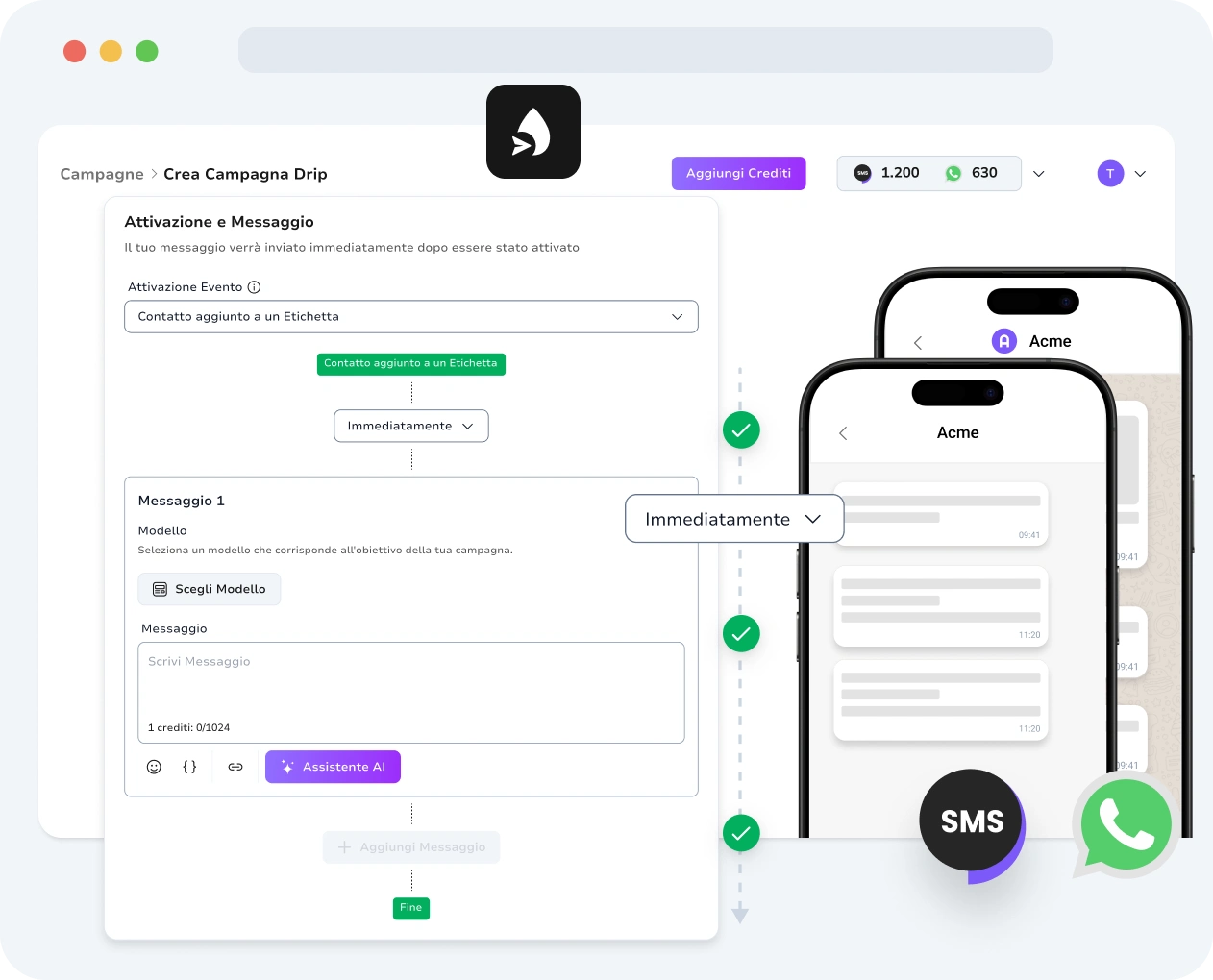 Schermata dell'interfaccia delle campagne drip di TopMessage.