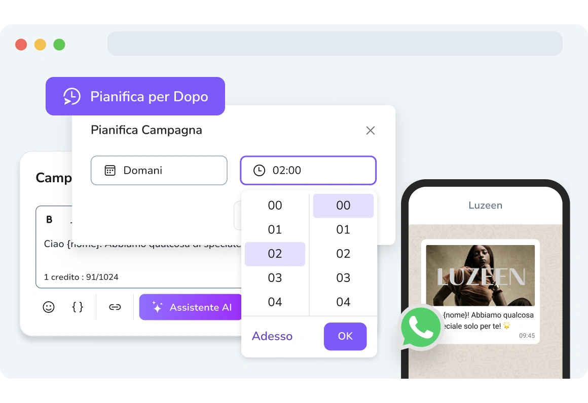 Schermata dei messaggi WhatsApp programmati di TopMessage.