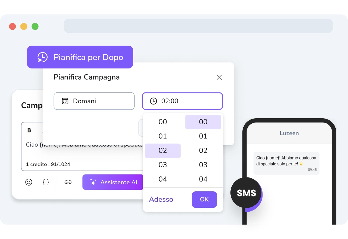 Schermata dei messaggi programmati per SMS e WhatsApp di TopMessage.