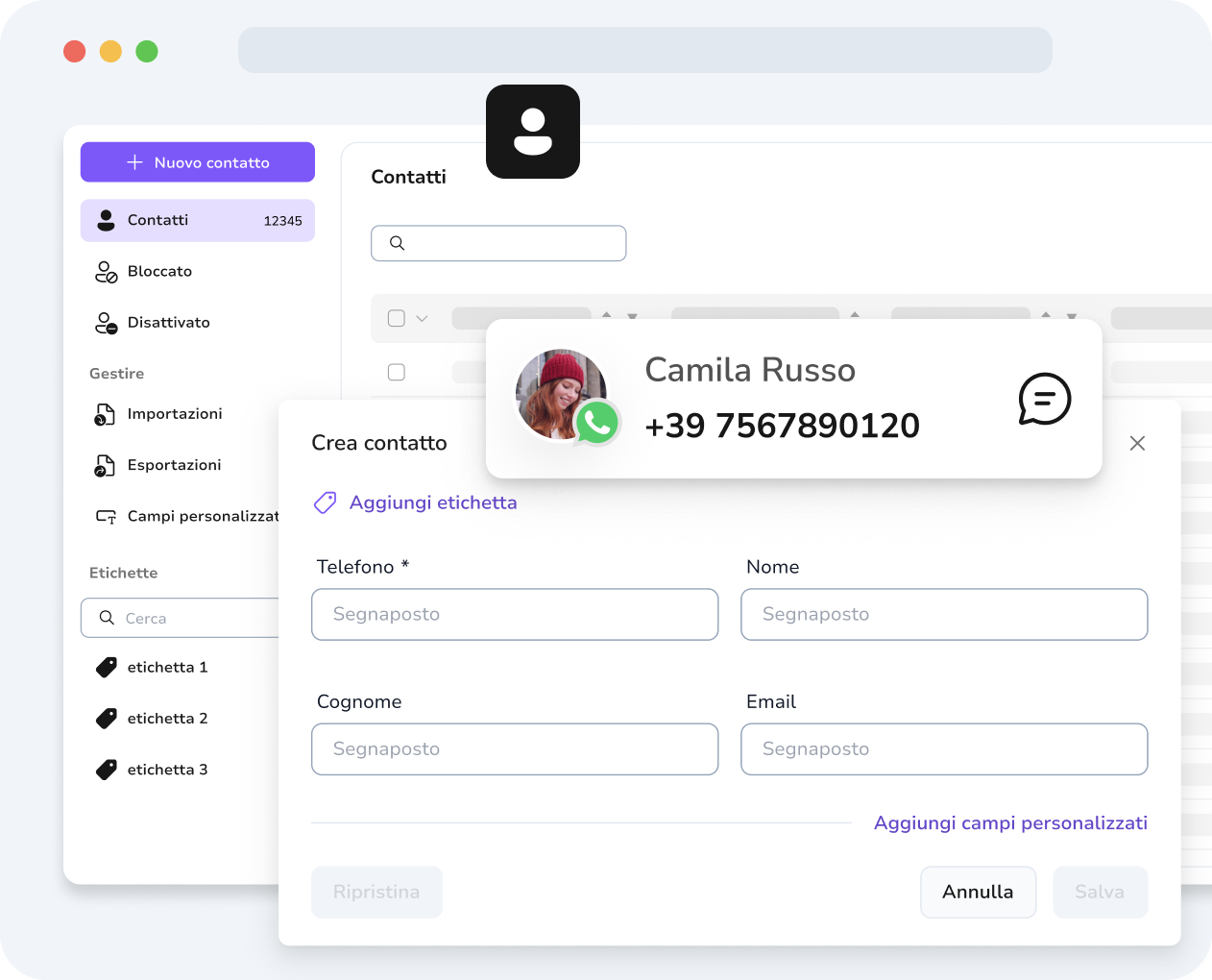 Gestione dei contatti di TopMessage con campi personalizzati per personalizzare i messaggi WhatsApp