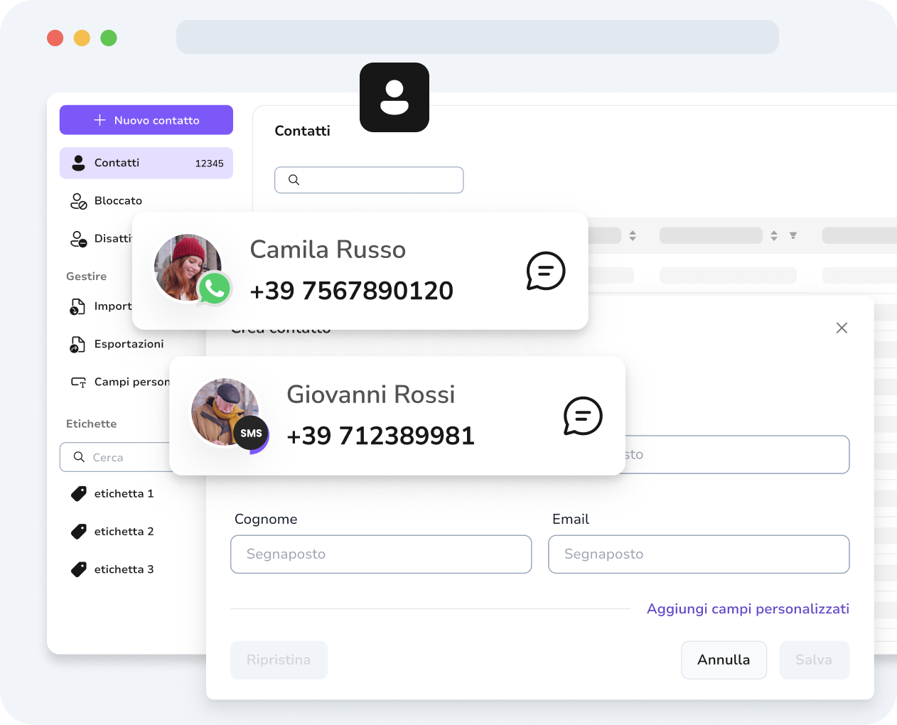 Gestione dei contatti TopMessage con campi personalizzati per personalizzare SMS e messaggi WhatsApp.