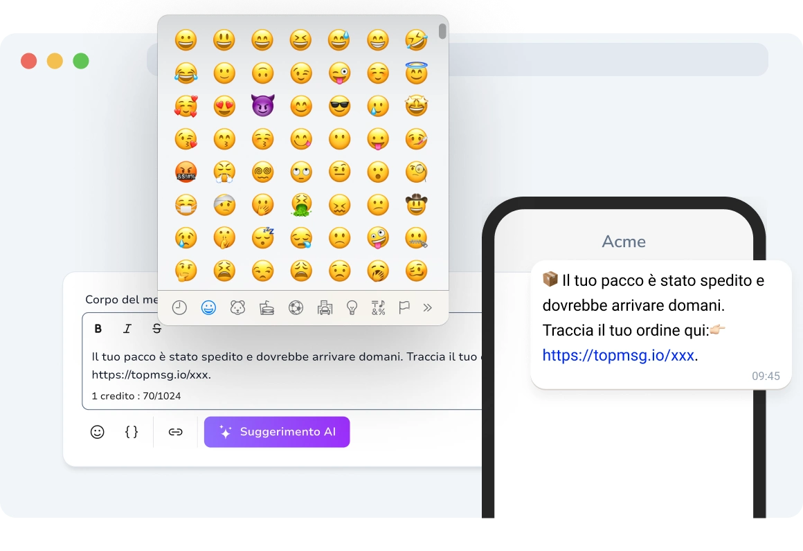 Conversazione in chat su uno smartphone che presenta emoji come smile, pollici in su e gesti delle mani per aggiungere personalità e coinvolgimento.