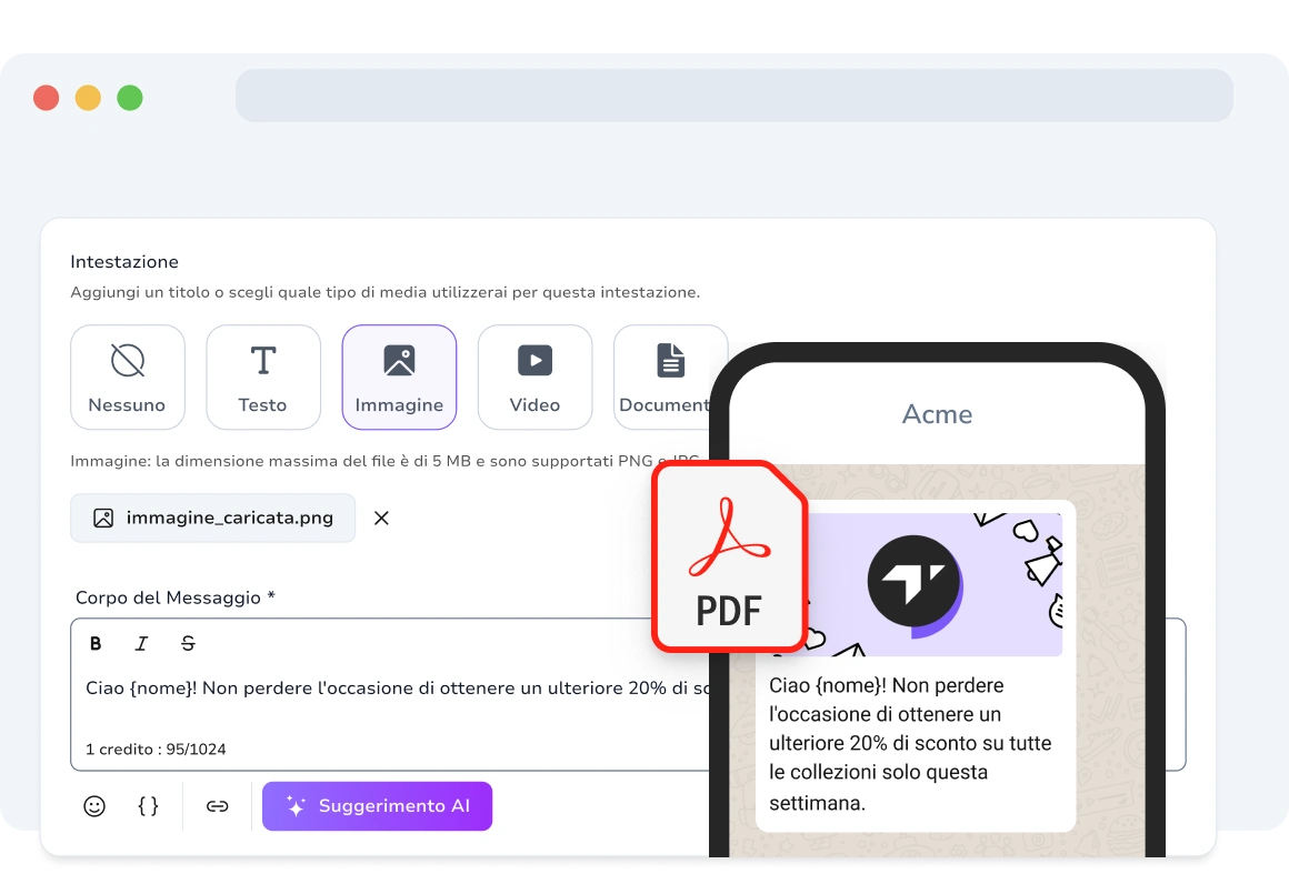 Utente che riceve un'immagine, un video, un audio e un PDF tramite un messaggio di testo, mostrando contenuti multimediali arricchiti per un maggiore coinvolgimento.