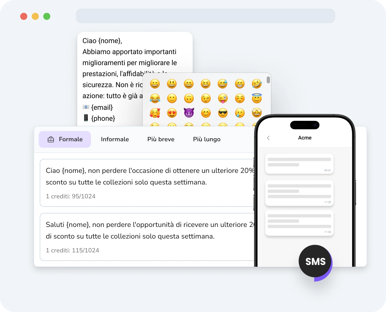 Schermata dell'interfaccia di TopMessage che mostra lo strumento SMS arricchito con opzioni di personalizzazione e metriche delle prestazioni.