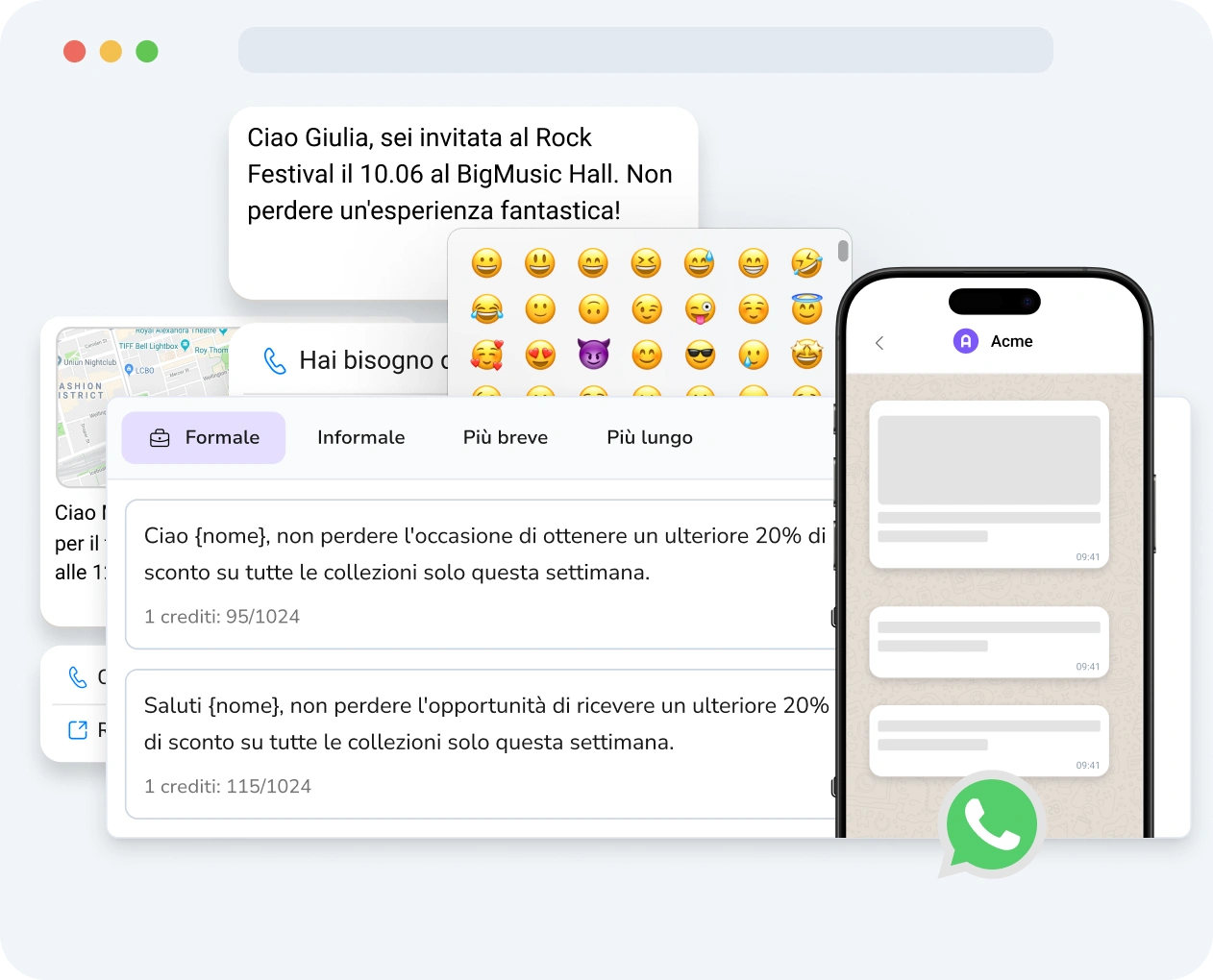 Schermata dell'interfaccia di TopMessage che mostra lo strumento WhatsApp arricchito con opzioni di personalizzazione e metriche delle prestazioni.