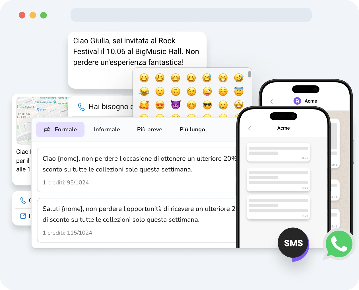 Schermata dell'interfaccia di TopMessage che mostra lo strumento di messaggistica arricchita con contenuti multimediali, opzioni di personalizzazione e metriche delle prestazioni.