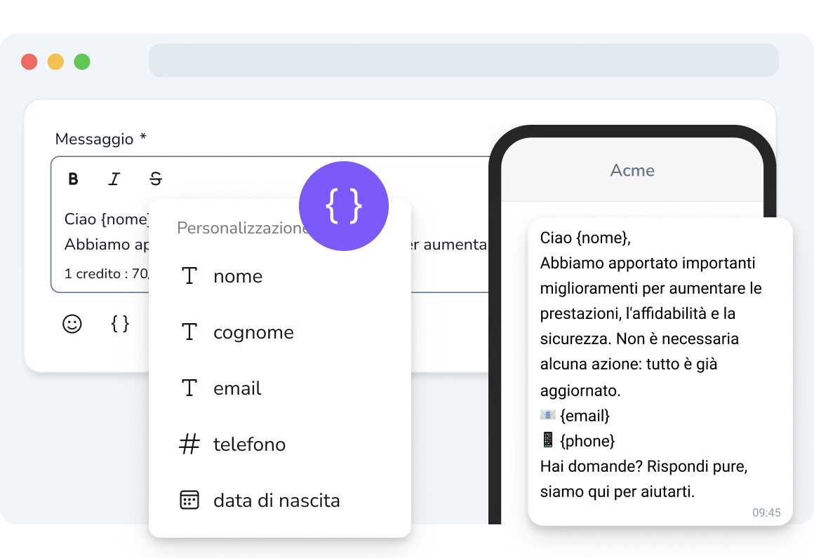 Destinatario che visualizza un messaggio SMS personalizzato.