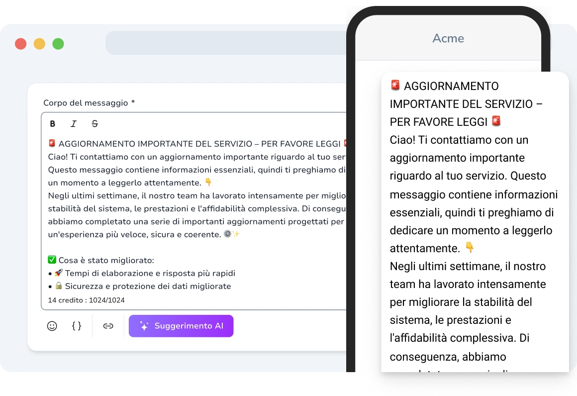 Visualizzazione di un lungo messaggio WhatsApp fino a 1024 caratteri, che fornisce informazioni complete in un unico messaggio senza dividere il contenuto.