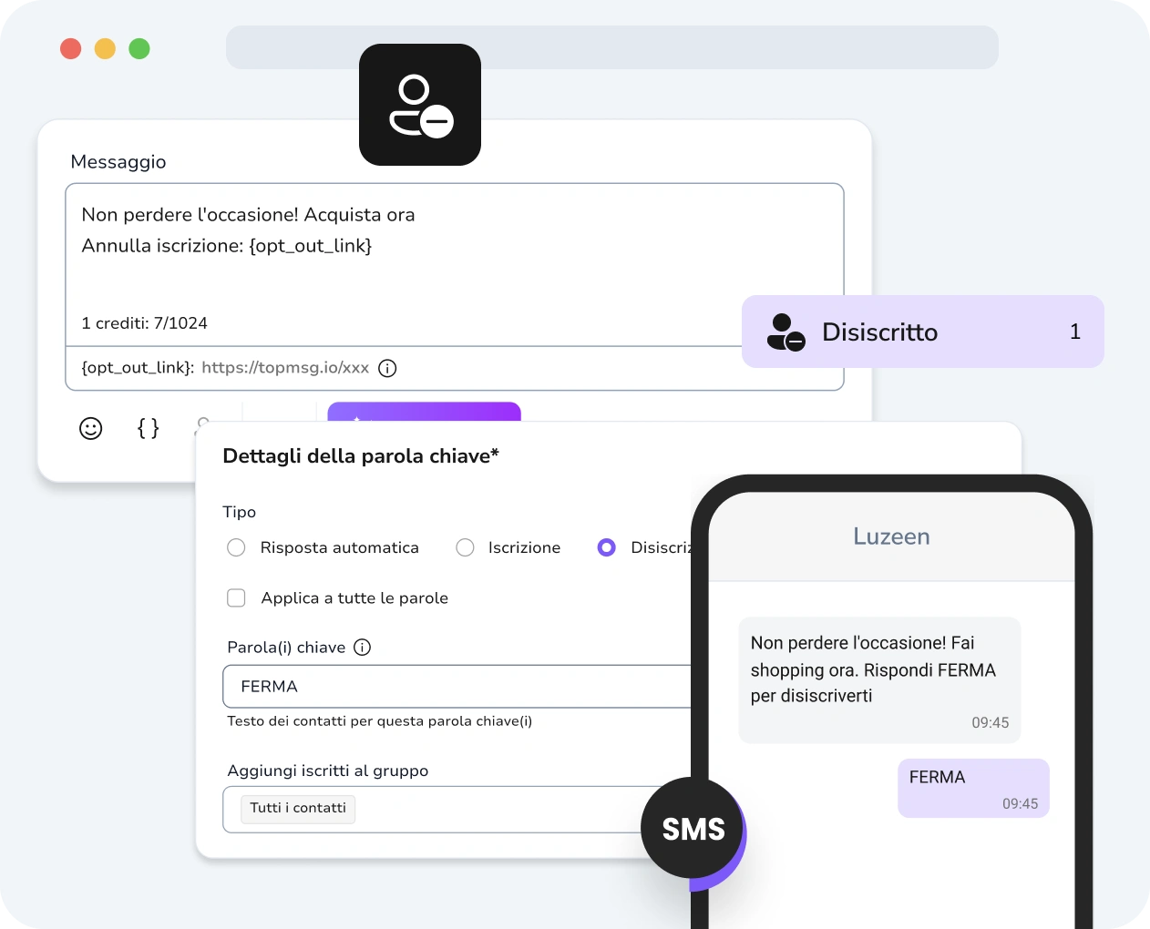 Schermata dell'interfaccia delle campagne drip di TopMessage con opzioni di opt-out mostrate chiaramente.