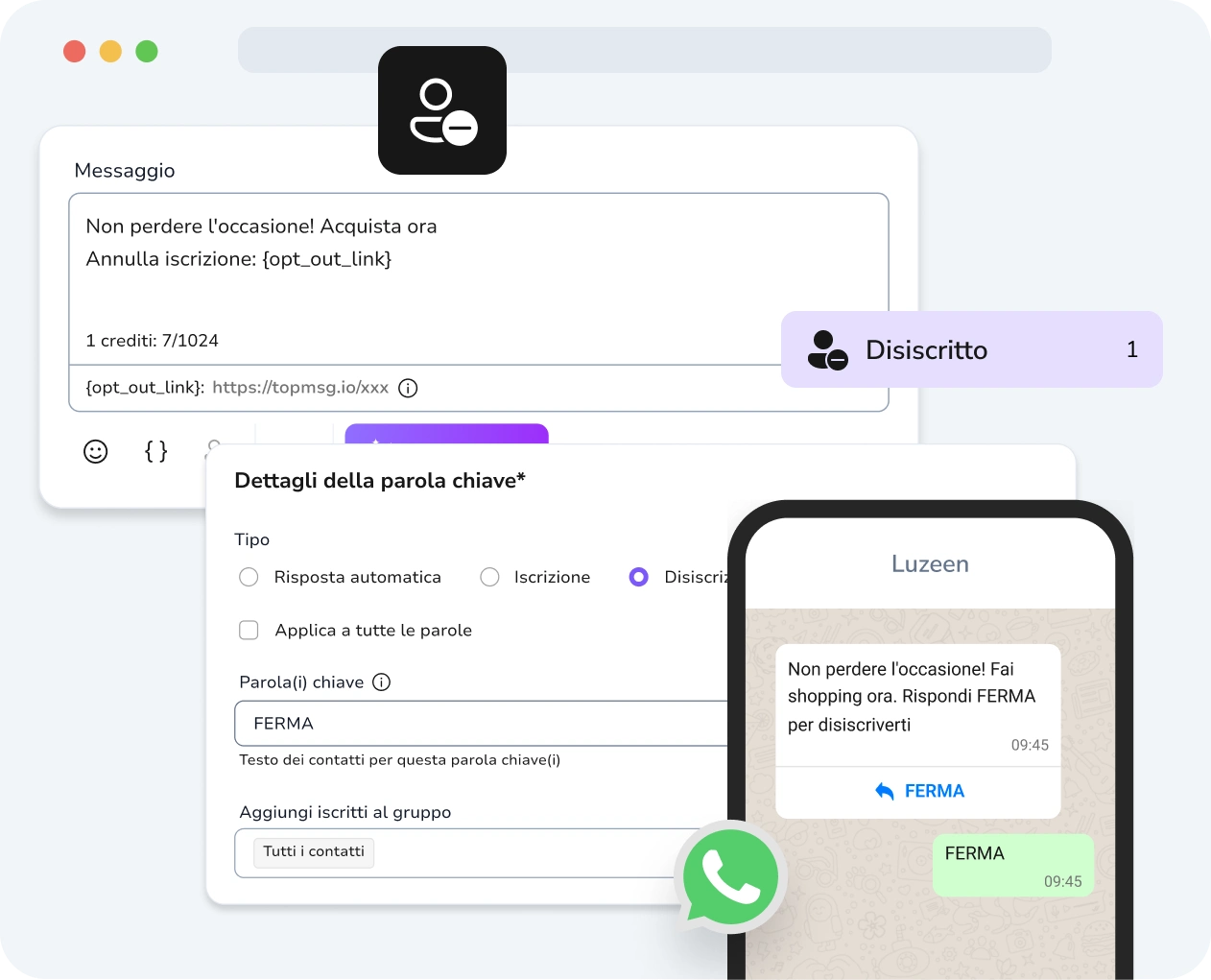 Schermata dell'interfaccia delle campagne drip per WhatsApp di TopMessage con opzioni di opt-out mostrate chiaramente.