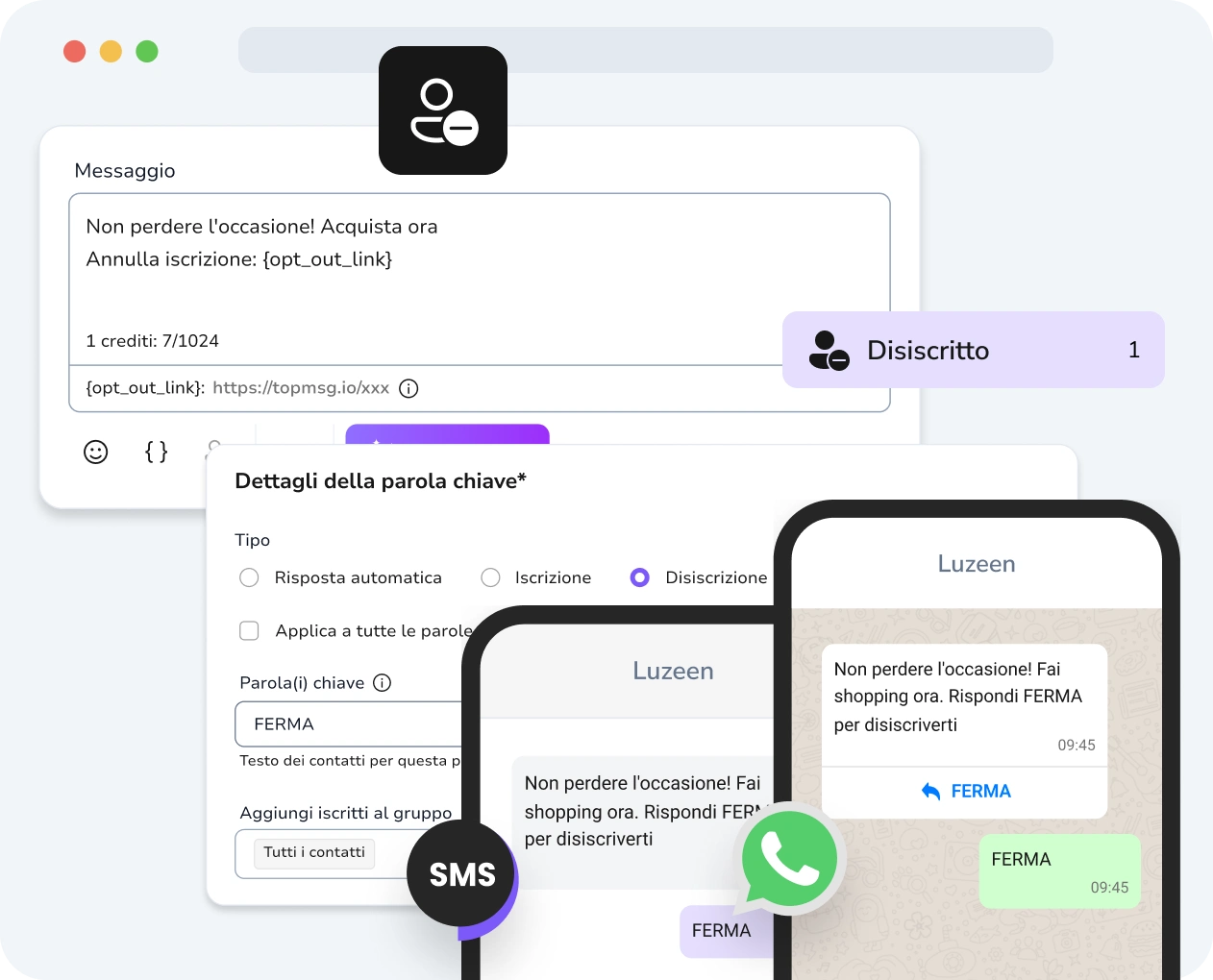 Schermata dell'interfaccia delle campagne drip di TopMessage con opzioni di opt-out mostrate chiaramente.