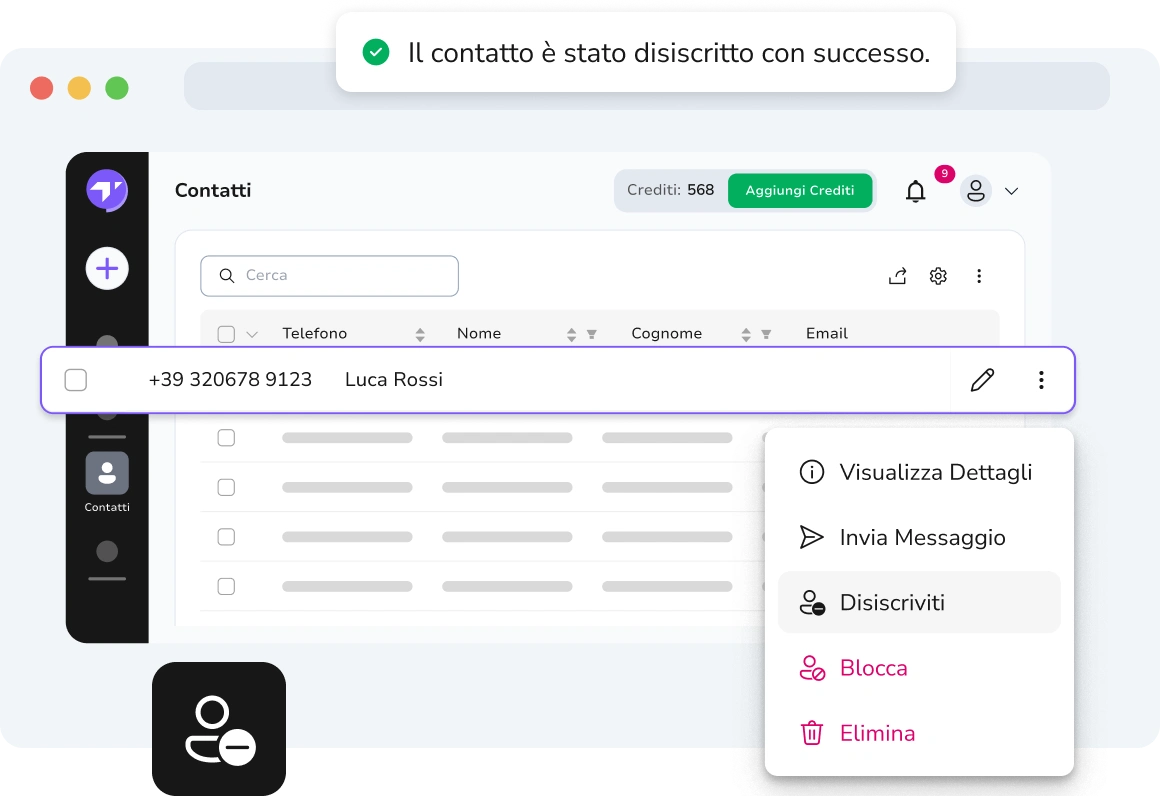 Interfaccia di TopMessage che mostra un'azione di annullamento manuale dell'iscrizione eseguita per un contatto.
