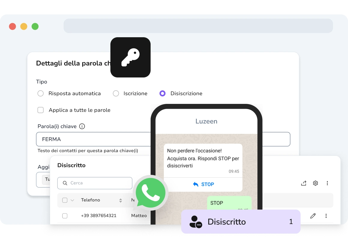 Mostra un contatto che invia una parola chiave come "STOP" per cancellarsi automaticamente dai messaggi di testo.