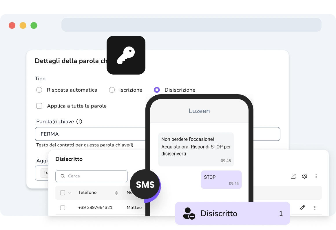 Visualizzazione di una chat SMS in cui l'utente invia "STOP" o "ANNULLA" per cancellarsi automaticamente dai messaggi futuri.