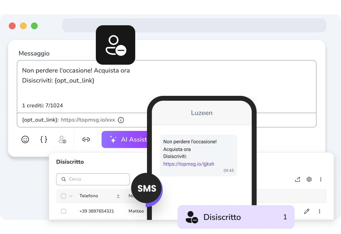 Visualizzazione di un messaggio di testo con un link di opt-out cliccabile, che consente al destinatario di cancellarsi facilmente dalle campagne.
