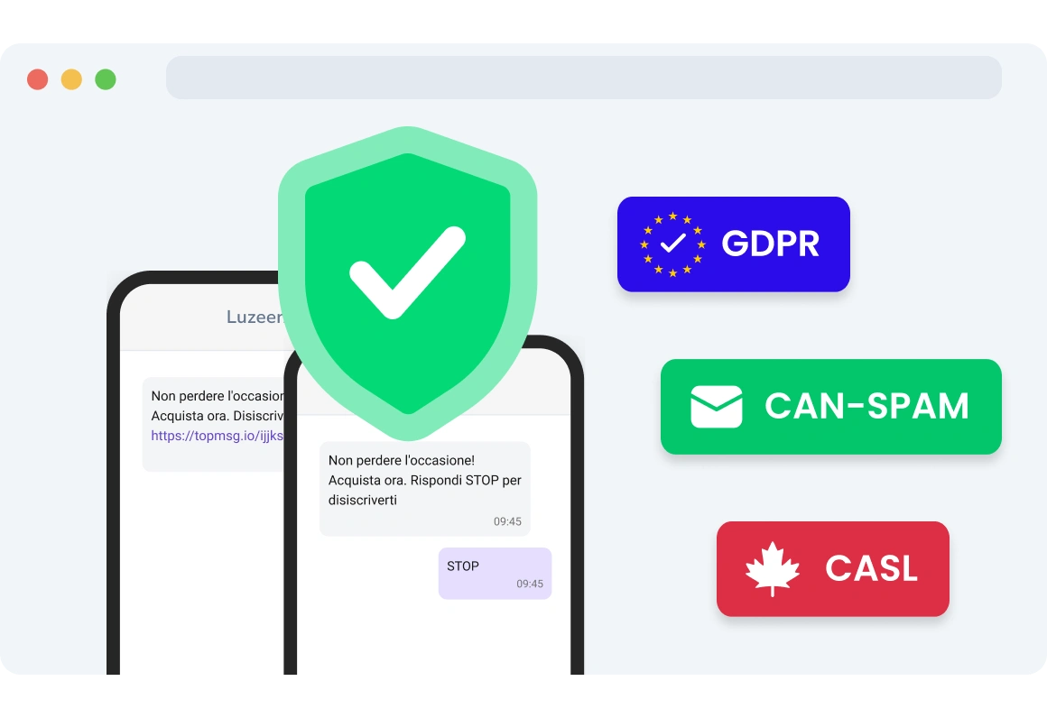 Illustrazione delle icone di conformità GDPR, CAN-SPAM e CASL, che evidenziano opzioni di opt-out facili e legali per i destinatari di SMS.