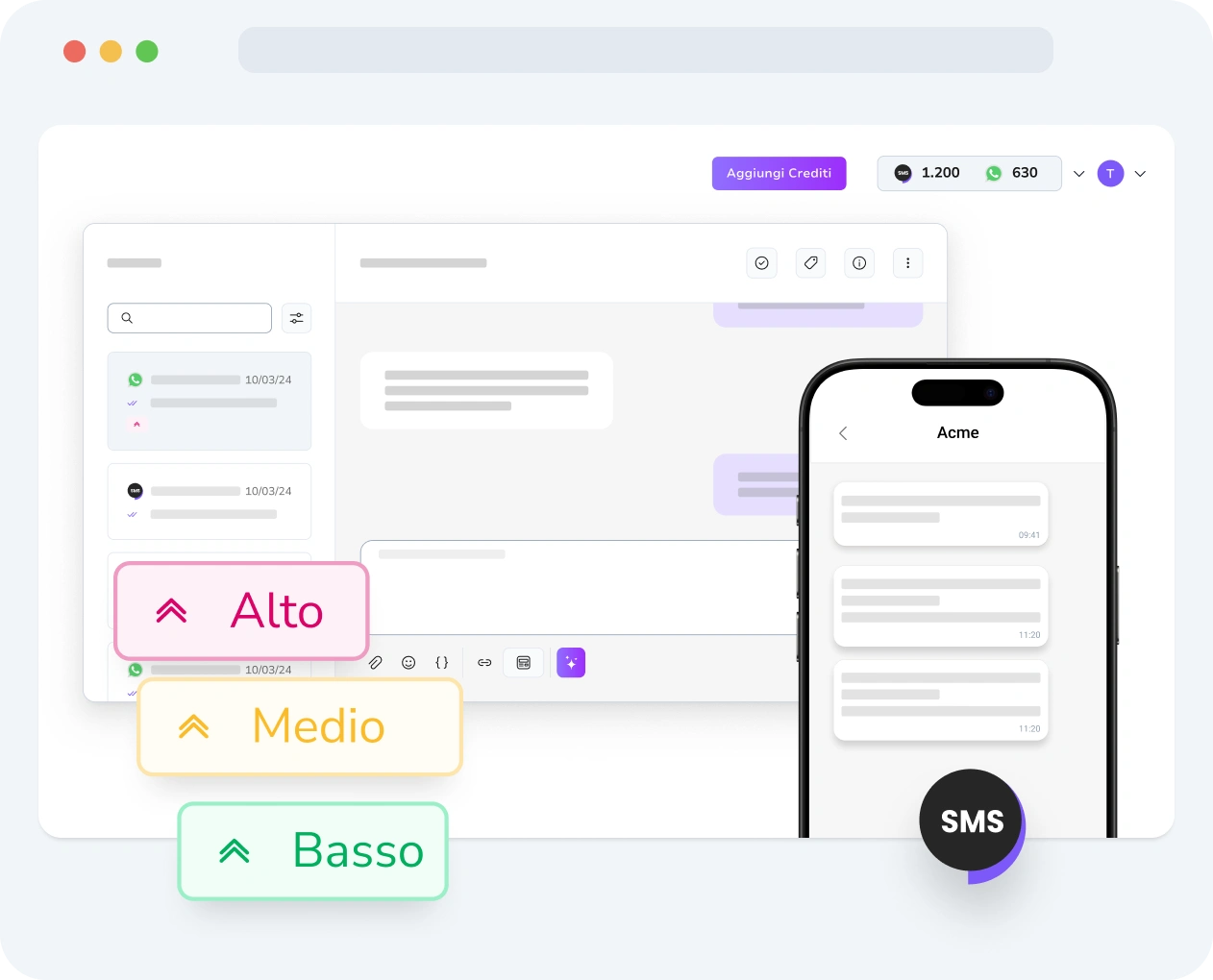 Interfaccia che mostra le impostazioni di priorità dei messaggi SMS e le metriche di performance in TopMessage.
