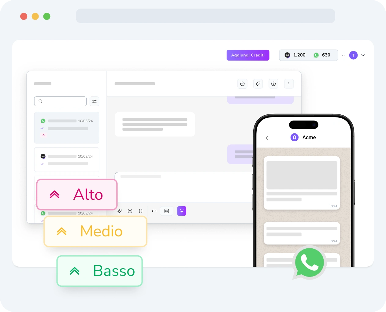 Interfaccia che mostra le impostazioni di priorità dei messaggi WhatsApp e le metriche di performance in TopMessage.