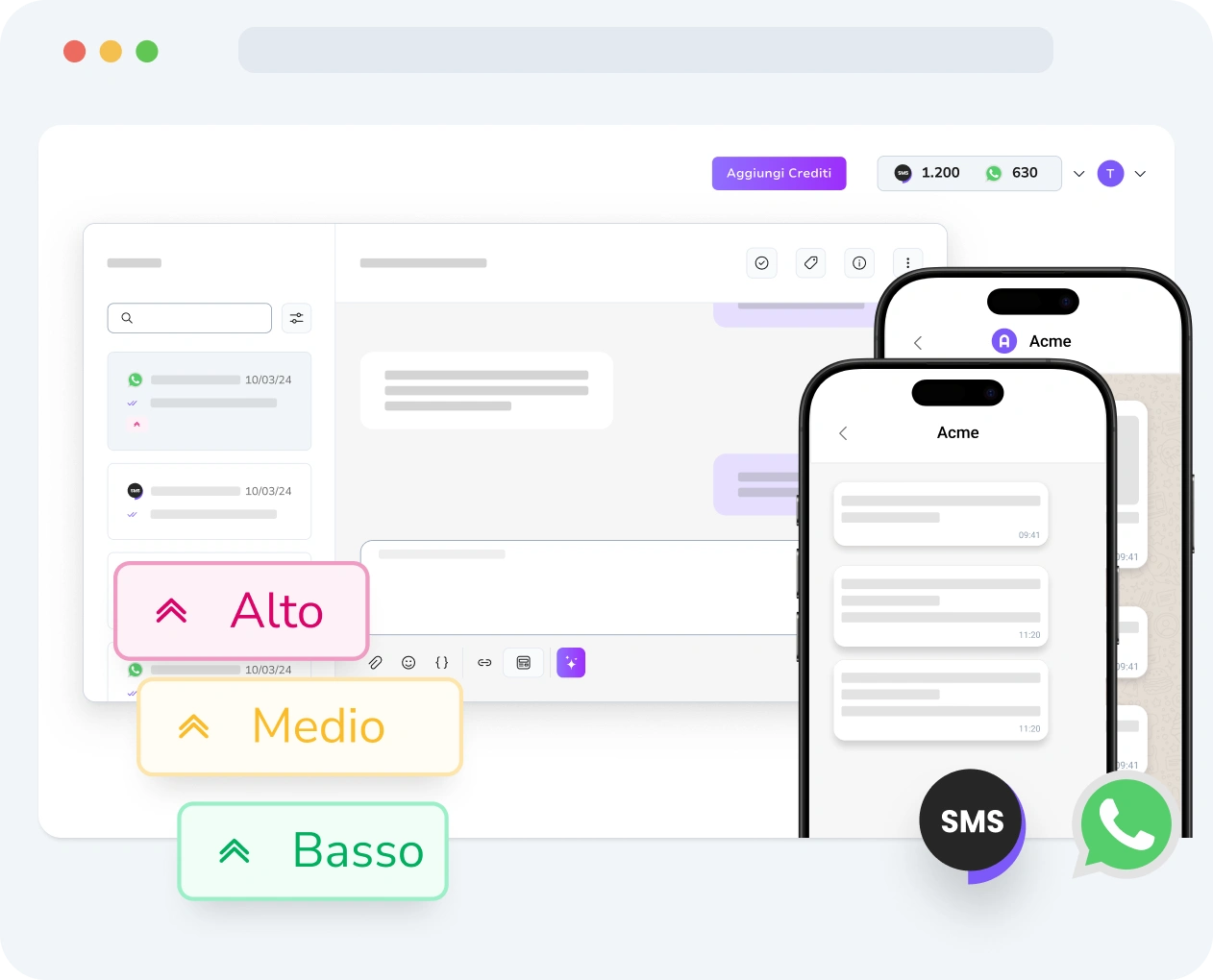 Screenshot dell'interfaccia di TopMessage che mostra la configurazione della priorità dei messaggi e le metriche di performance.