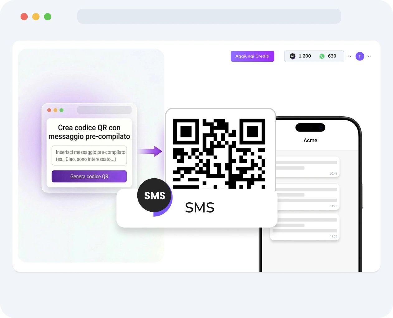 Screenshot dell'interfaccia di TopMessage che mostra lo strumento di creazione di codici QR per SMS con personalizzazione e metriche di performance