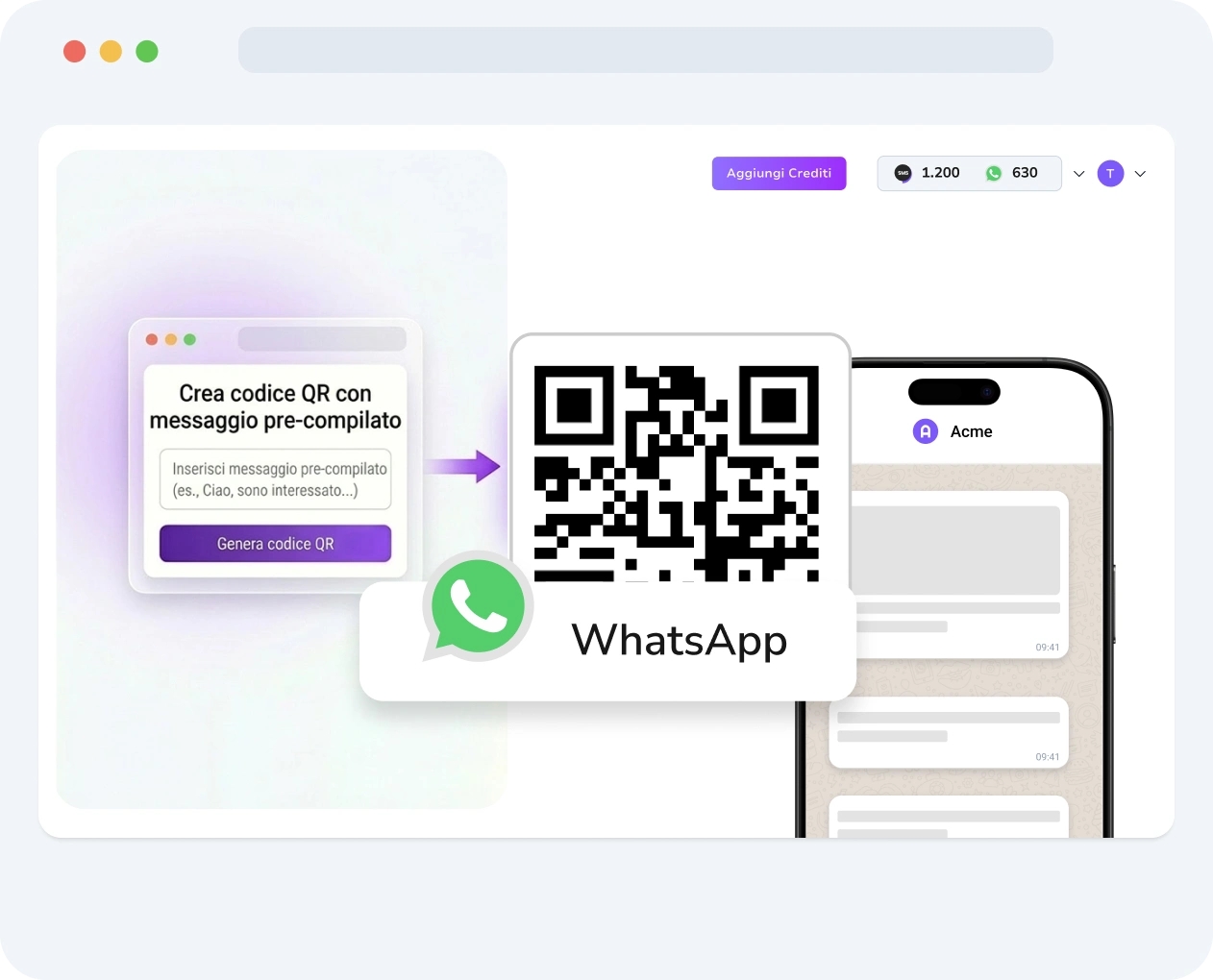 Screenshot dell'interfaccia di TopMessage che mostra lo strumento di creazione di codici QR WhatsApp con personalizzazione e metriche di performance