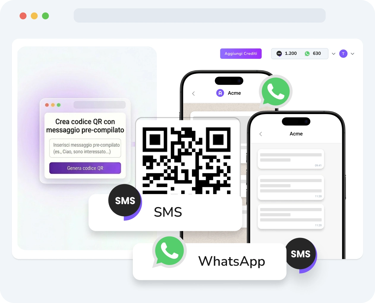 Screenshot dell'interfaccia di TopMessage che mostra lo strumento di creazione di codici QR con personalizzazione e metriche di performance