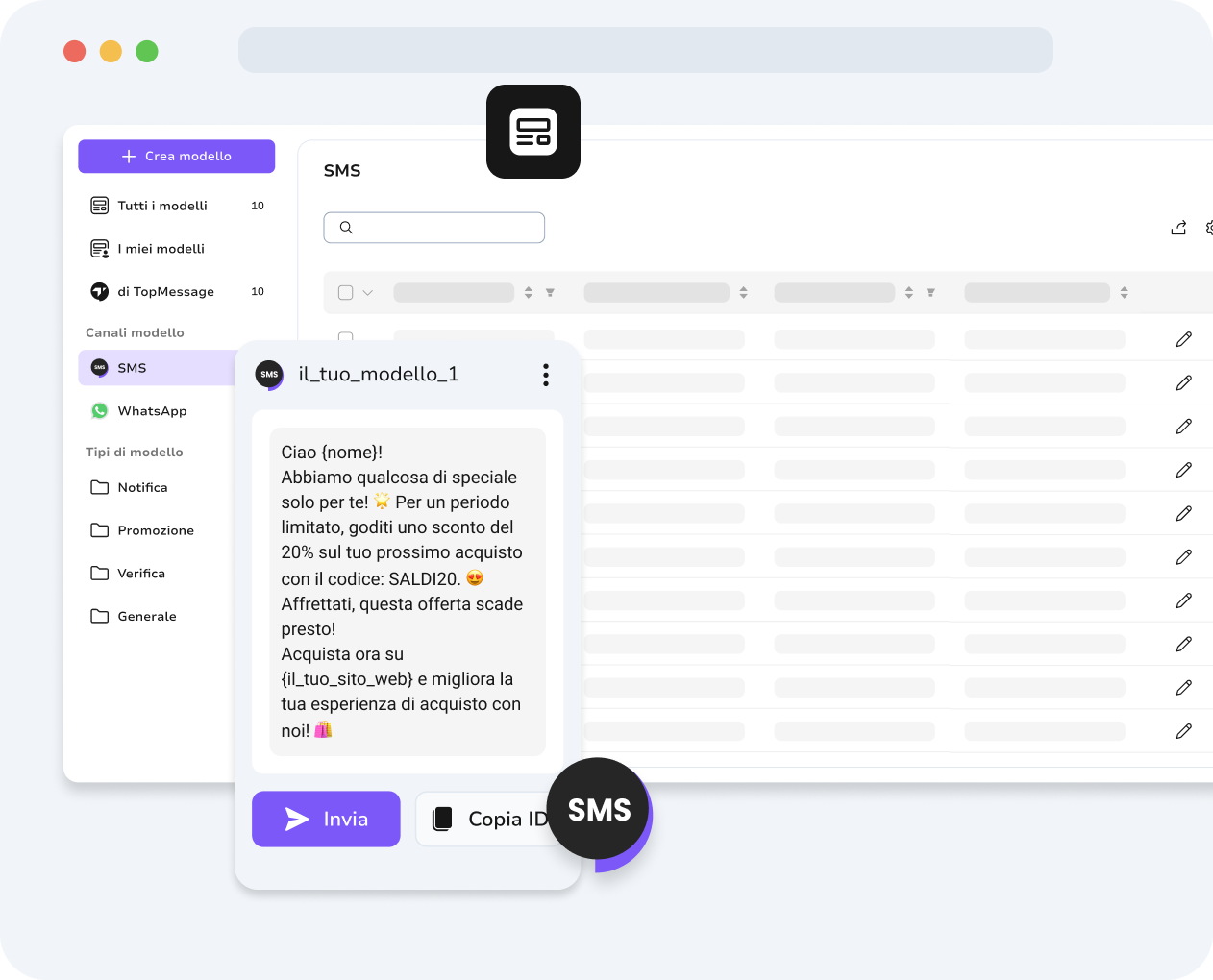 Dashboard unificata di TopMessage che mostra modelli di SMS e WhatsApp per una gestione semplificata delle comunicazioni.