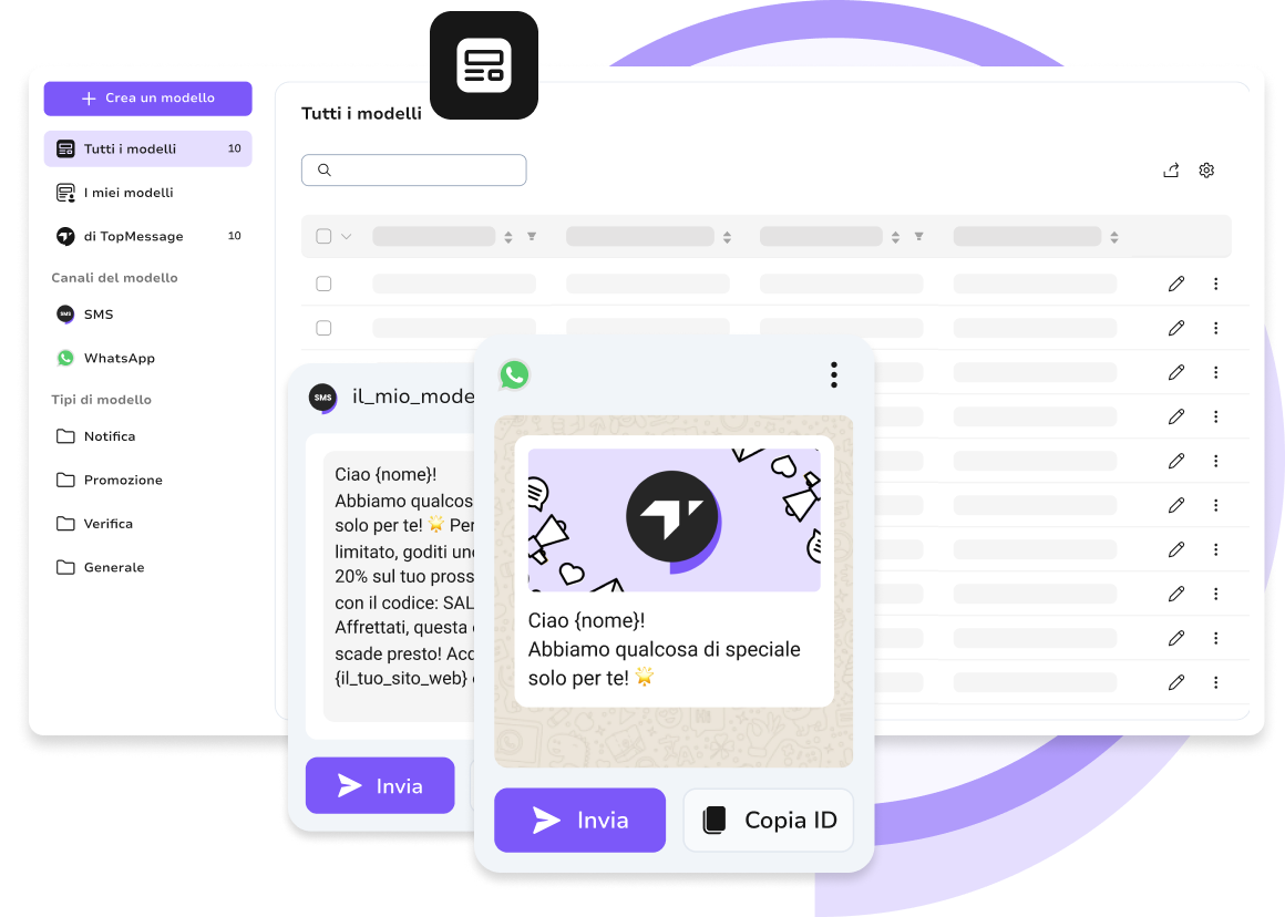 Interfaccia della piattaforma TopMessage che mostra modelli di messaggi WhatsApp per comunicazioni automatizzate e personalizzate