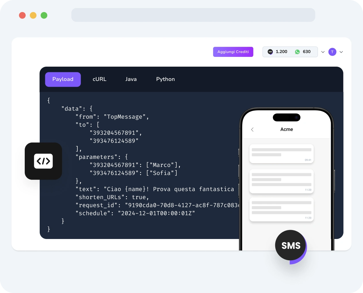 Screenshot della dashboard di TopMessage che mostra le richieste dell'API Verify SMS, le tempistiche di consegna dei codici e gli esiti delle verifiche in tempo reale.