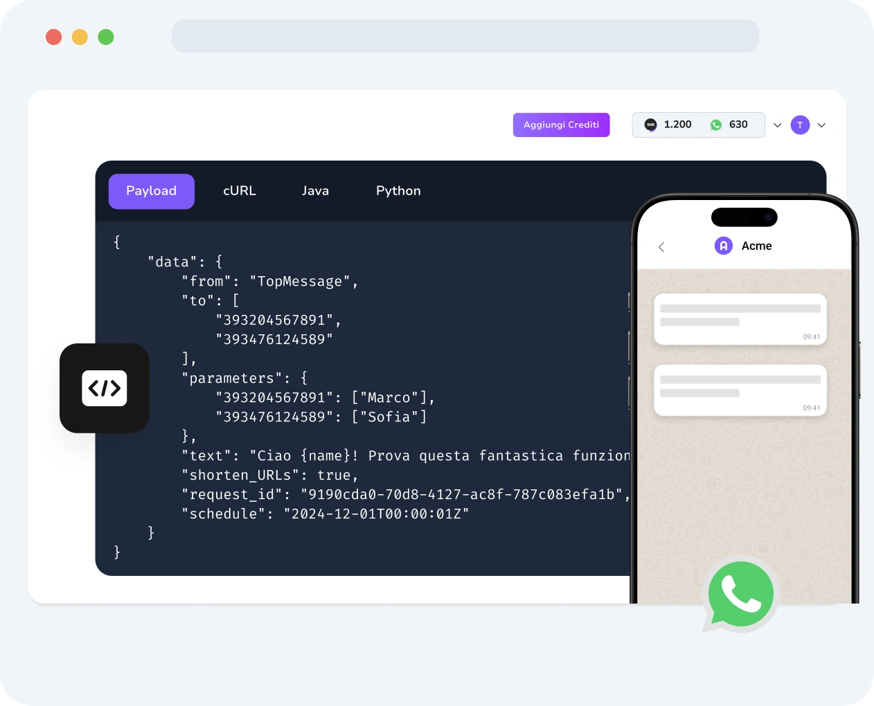 Screenshot della dashboard di TopMessage che mostra l'attività dell'API Verify WhatsApp, inclusi i log di consegna dei codici, i tassi di successo della verifica e i dettagli del flusso dei messaggi.