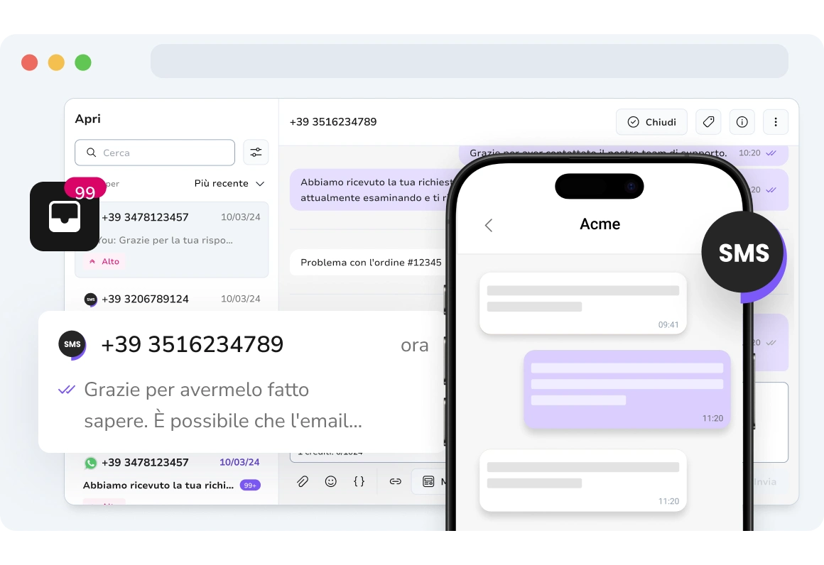 Schermata di un utente che interagisce con messaggi SMS bidirezionali utilizzando un numero virtuale TopMessage.