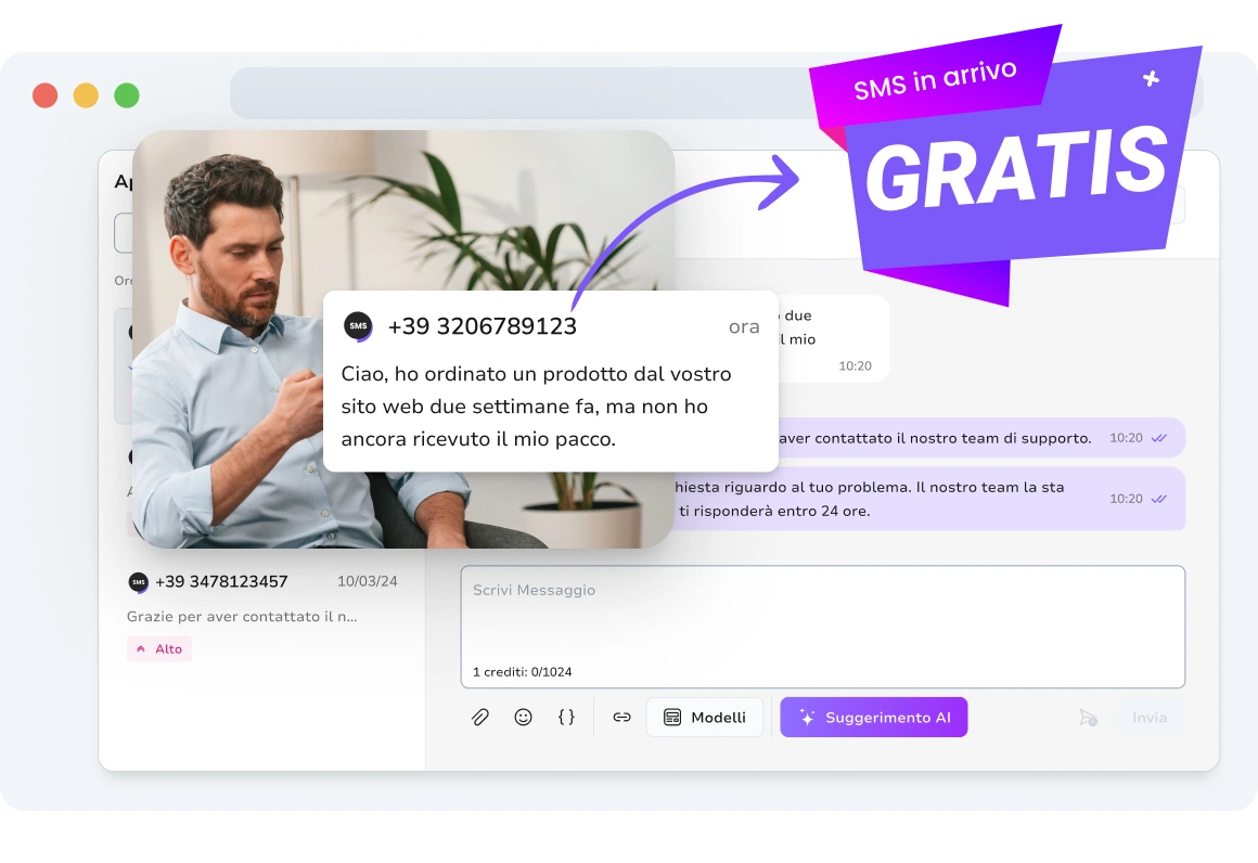 Schermata che mostra la funzione degli SMS in arrivo gratuiti in TopMessage